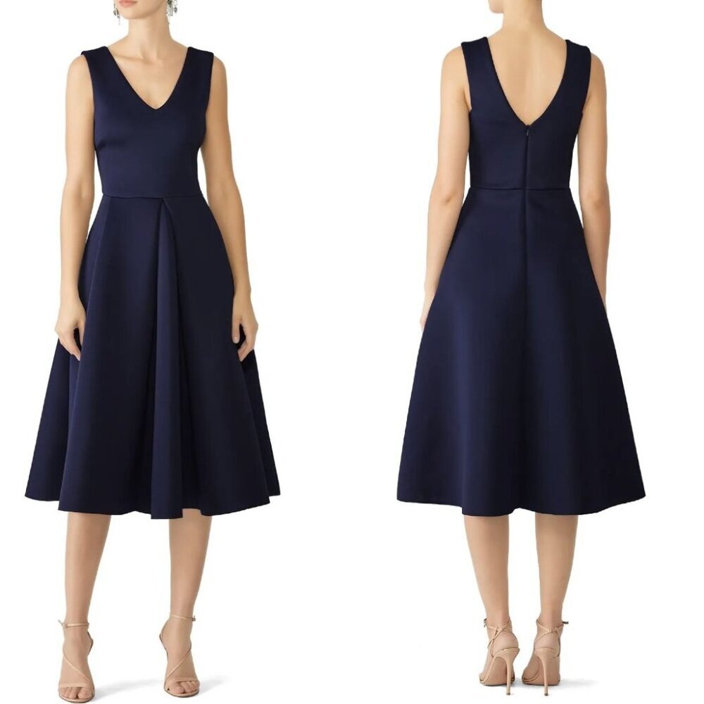 Slate & Willow Dress Women Medium Navy Blue Scuba Knit Pleated Party Flare Midi